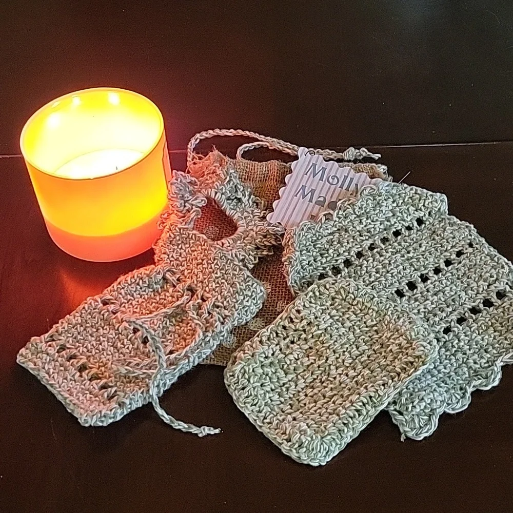 Spa gift set 4 pieces - soap bag, facecloth, makeup remover, & hair scrunchie